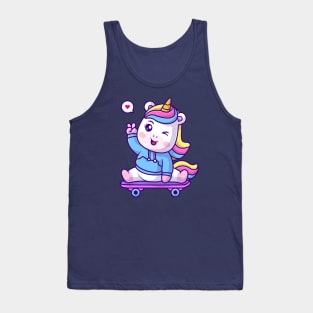 Cute Unicorn Waving Hand On Skateboard Cartoon Tank Top